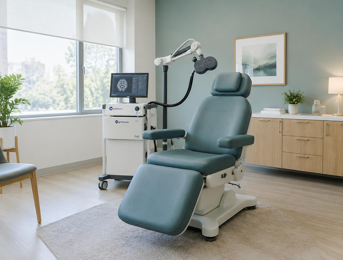 Illustration of a TMS treatment room, not Penn Psycare's equipment